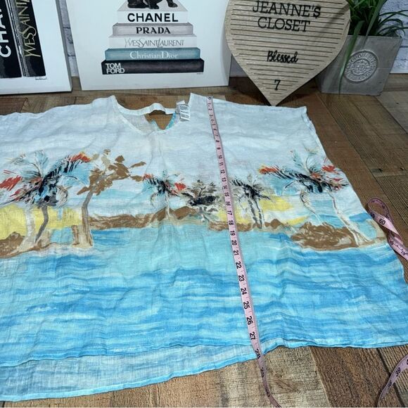 Chico's Scenic Ocean 100% Linen Caftan Blouse Top Beachy Tropical Poncho L/XL - Picture 4 of 10